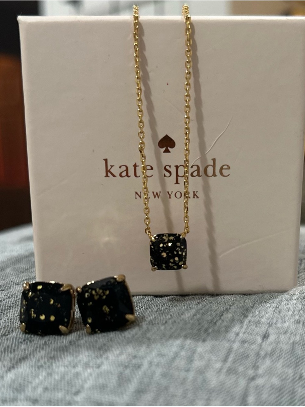 kate spade Black & Gold Fleck Square Pendant Necklace and Stud Set